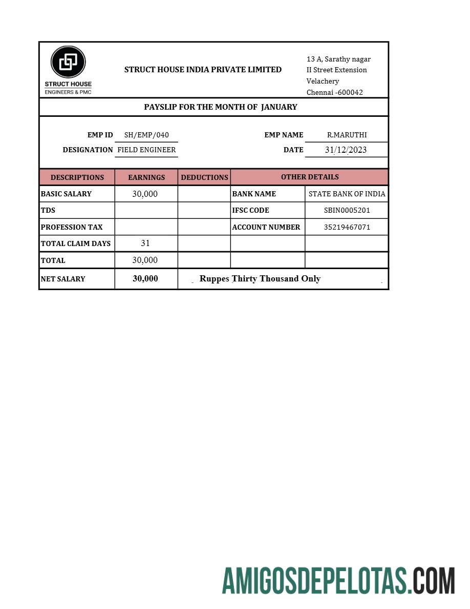 Realista Modelo de recibo de pagamento da Struct House India em formatos Word e PDF.pdf, 1